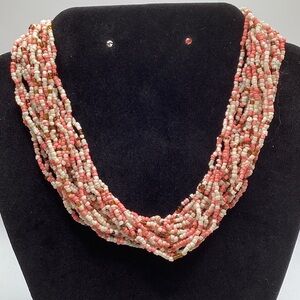 Pink and Cream Multi-Strand Seed Bead Necklace with Gold Accents